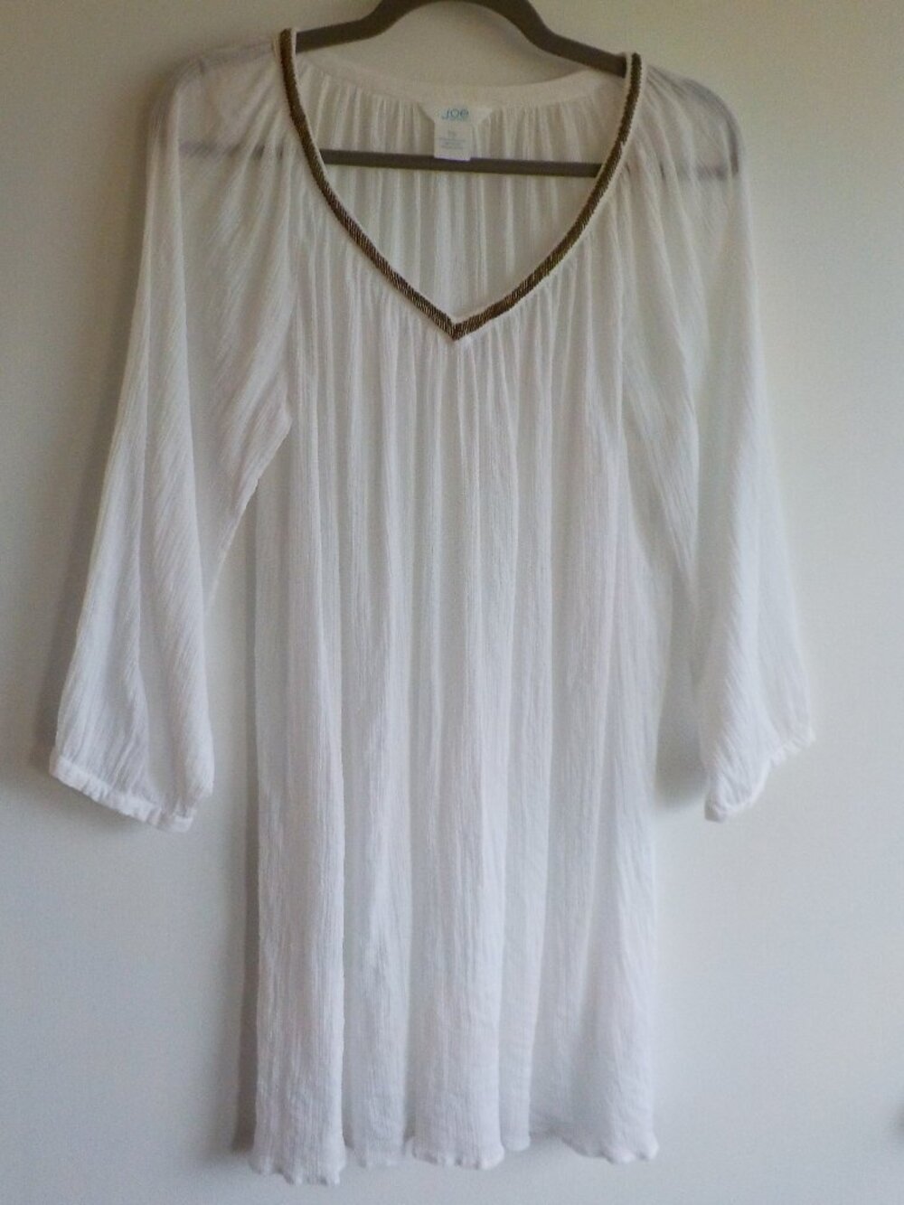 Joe Blouse Tunic Coverup - Large - White COTTON Beading 3/4 Sleeve (2163)